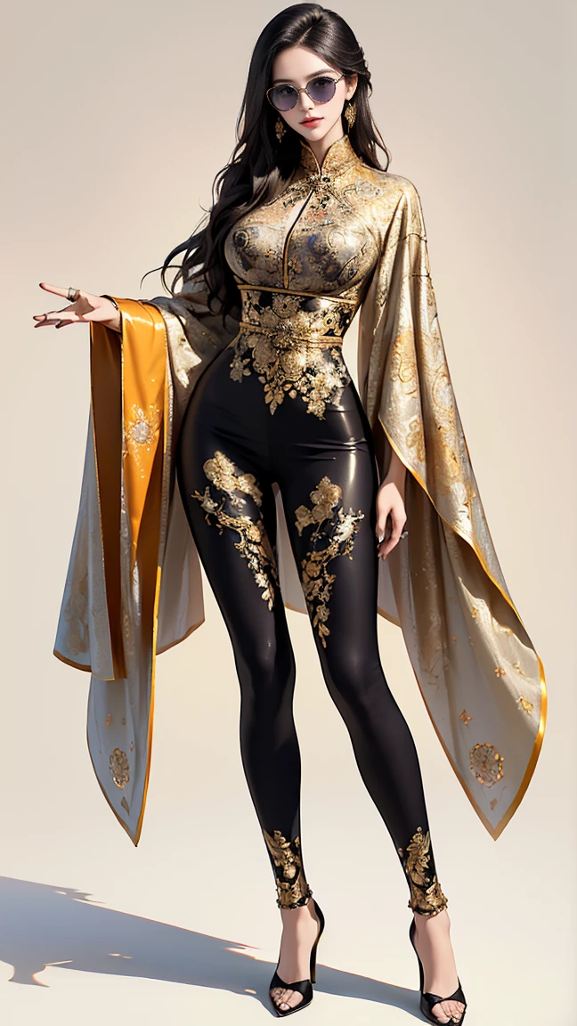 ((best quality,4k,highres,masterpiece:1.2)),((character concept art)), 1 female, age 25, Chinese Hong Kong, Hong Kong Elite, eldest sister, triad female leader, Known for her impeccable fashion sense and elegant demeanor, she is a true embodiment of the Versace brand. Her body language is as captivating as her style, always exuding confidence and high fashion. (((She's wearing an exquisite Versace Barocco-print Shirt in Silk and Barocco-print leggings gold-tone/white/black, a true testament to the brand's luxurious aesthetic.))) Paired with Versace Medusa Tribute Sandals, she carries her ensemble with an air of effortless sophistication. Her accessories include a Versace Medusa Tribute Bag and a pair of Versace Tribute Sunglasses, enhancing her overall look. ((intricate detail)), super finely detailed hands, ultra finely detailed fingers(((ten fingers))), (standing still with confidently), (full body showcase), (show full body), (no logos on background), (no logo), ((plain background)), ((plain background)), (((empty background))).
