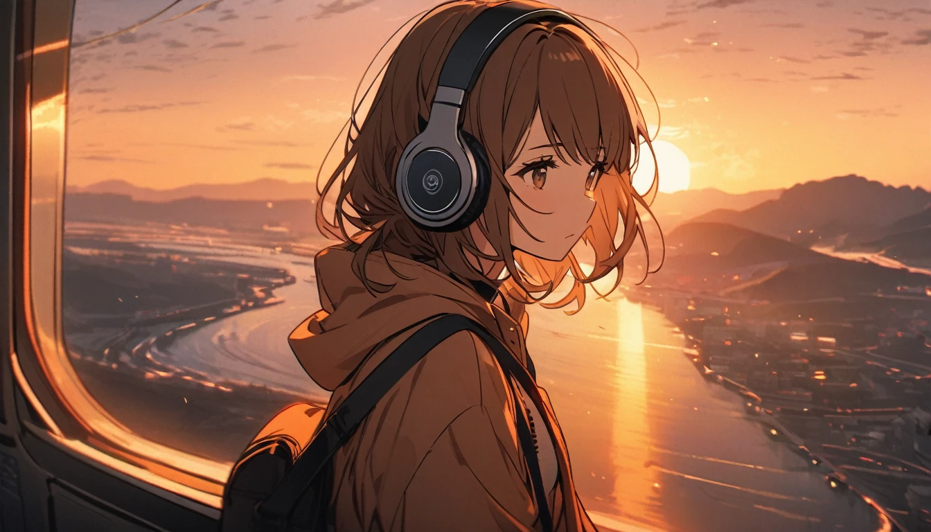 Brown-haired girl wearing headphones,Traveling,One girl,relax,The background is dusk