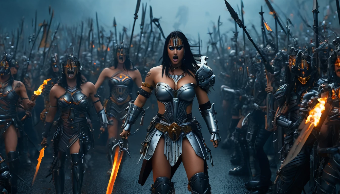 (3D rendering:3.1) in (medium full shot:3.1) of lot of characters from (heavy metal magazine:3.1), inspired by style of Greg Rutkowski art, female barbarian warriors in battles with swords and shields in external battlefield, with fog and space creatures. (beautiful face females:2.5) (with Creepy, Sci-Fi, Fantasy and Horror:2.9), directed by ridley scott (Cinematic:3.1), horror movie, horrified, terrified, insane, disgusting, disturbing, Impactful, cgsociety, hyper-detailed, digital illusions, cyberspace, photorealistic, arts visuals. Ultra detailed, RAW photo, artstation style, concept art, (masterpiece:2.9), 8k, realistic textures, (3D rendering:3.1)