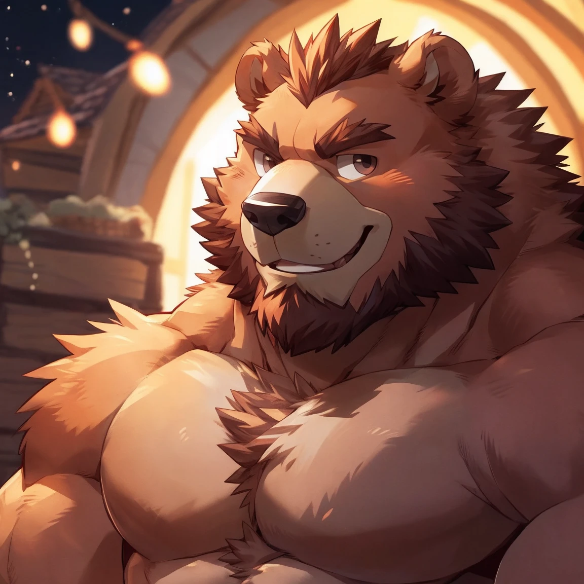 human nature, cannon, male, solitary, ((Round Face, Very plump face, thick beard)), ((endomorph body type, Handsome)), (Topless), ((Bear) Fluffy fur, Fluffy), (In a wooden house), antiquity,High quality,Bokeh, (high quality, high resolution, masterpiece), (Dynamic Lighting, Vibrant colors), (Generous smile), (Face focus), Front view (close up), cartoon, author:Takemoto Arashi, by zixiong, author:Chunni, author:Empty Ghost