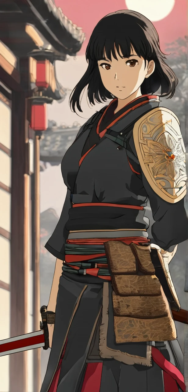 Hayase a female warrior with black short hair and brown eyes