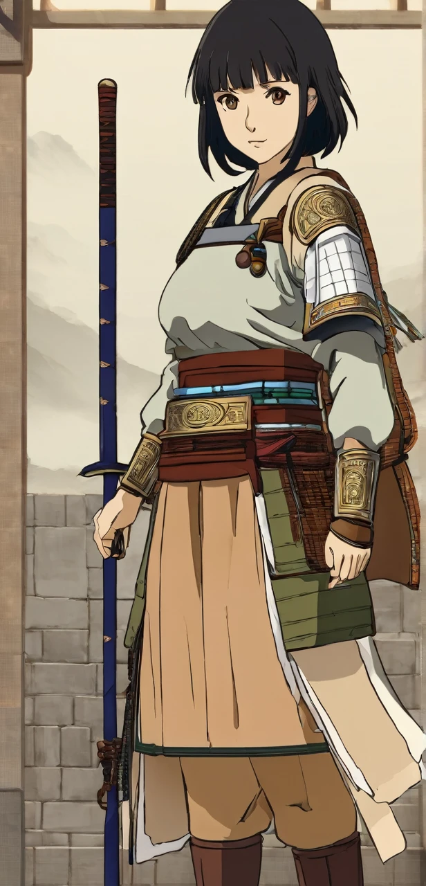 Hayase a female warrior with black short hair and brown eyes 