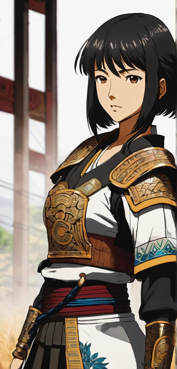 Hayase a female warrior with black short hair and brown eyes