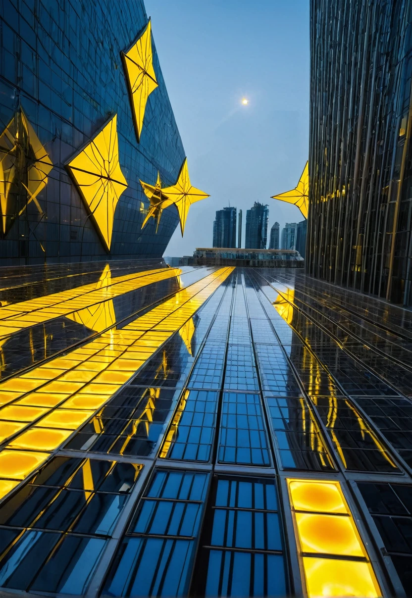 Wide angle, futuristic buildings with yellow solar lights, strong solar reflection, yellow giant star