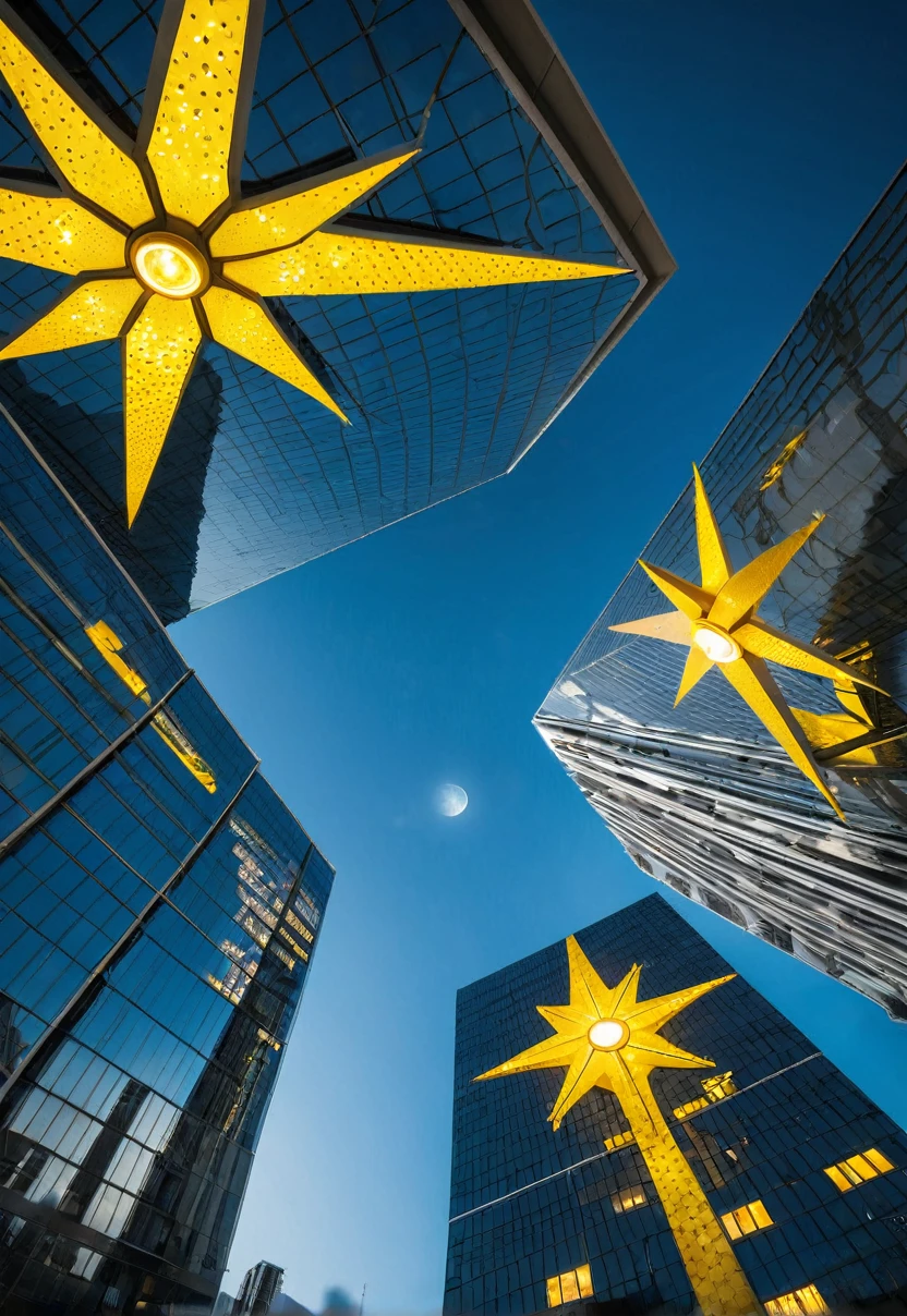 Wide angle, futuristic buildings with yellow solar lights, strong solar reflection, yellow giant star
