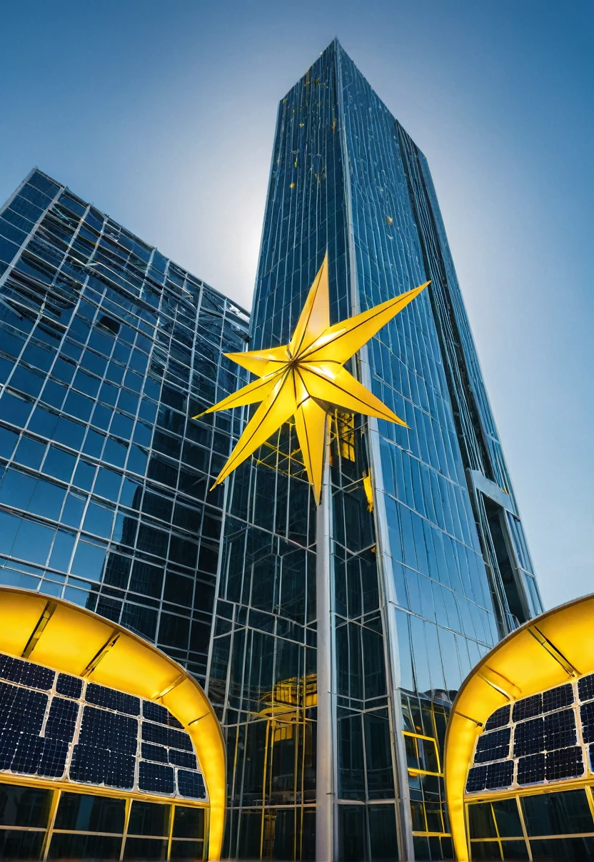 Wide angle, futuristic buildings with yellow solar lights, strong solar reflection, yellow giant star