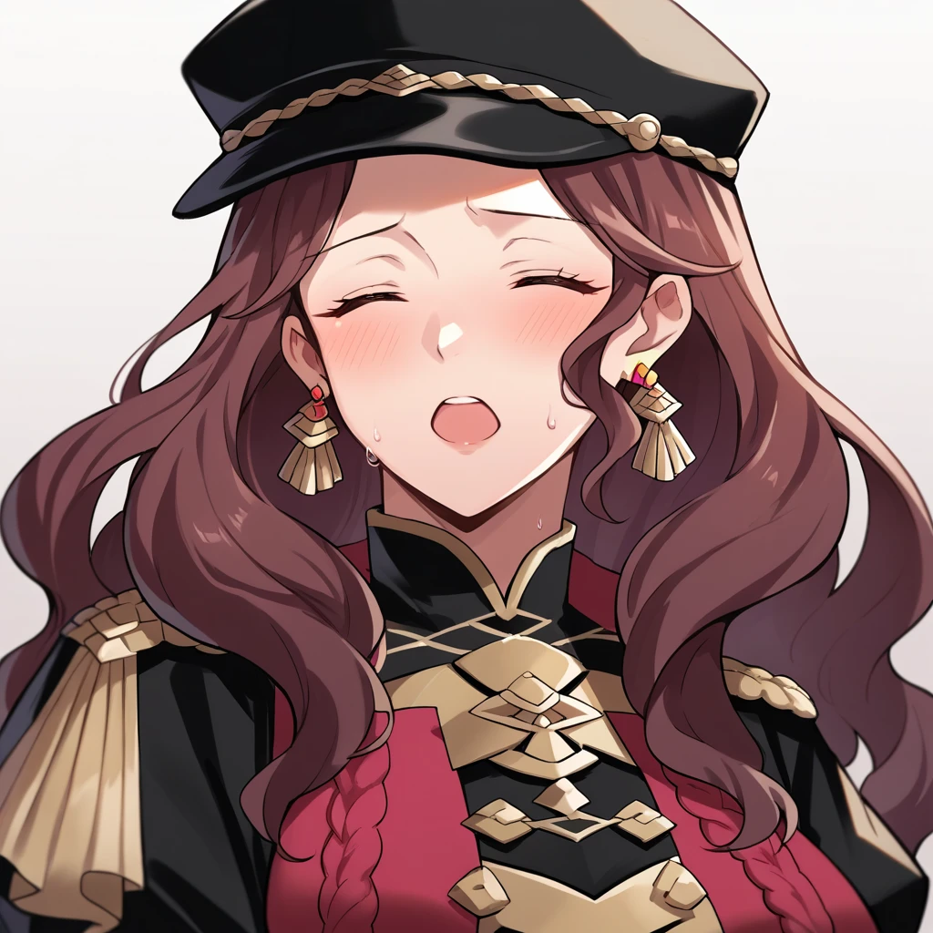 score_9, score_8_up, score_7_up, source_anime, Dorothea (Fire Emblem), bust shot, close-up, black headwear, (black long-sleeve uniform), brown hair, dangle earrings, gold trim, closed eyes, jewelry, large breasts, long hair, black peaked cap, black hat, look down, aroused facial expression, open mouth, blush, sweat