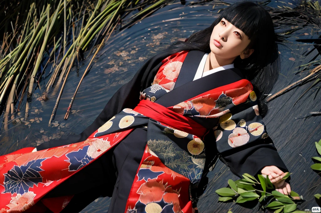 Low - Angle、Highest quality,Very sophisticated Japanese(((Swamp)))The monster in the red kimono、Spread your legs and show your vagina、(((((Dark night fog))))