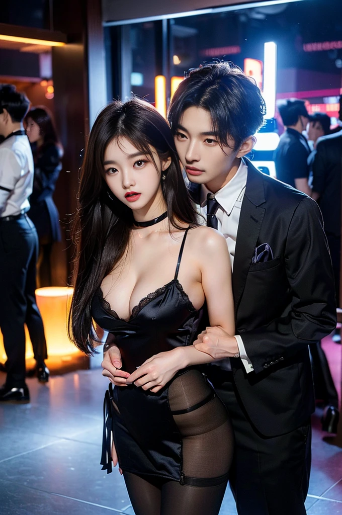(((NSFW : 1.2))), (((pornography))), (realistic), (intricate details:1.2), (masterpiece、:1.3), (top quality:1.4), (Ultra A high resolution:1.2), Ultra A high resolution, 8K resolution, very detailed expression, dark, (high quality), complete anatomy, natural anatomy, full body photo, (1 korean Girl being caress by 2 korean men at night : 1.6), she is 21 years old, (call girl:1.5), (prostitute: 1.5), (she is korean:1.6), (beautiful : 1.4), (Dyed fancy colored hair banging), (big earrings), heavy makeup, Confusing wording, choker necklace, long legs, (a girl weared slim feminine dress and pantyhose. : 1.4), (a girl weared strappy high heels :1.4), (a girl is wearing costume of Celebrity: 1.4), (2 men are her maledom : 1.4), glowing skin,(eye contact each other :1.4), (the men tie up her arms behind back:1.4), (((orgasm : 1.4))), (((moaning : 1.2))),(She being caught and sexually harassed by 2 men : 1.5), (she be forcibly raped by 2 men : 1.5), violated by them, She can not resist holding her arms grabbed by men., his dicks are being inserted into her pussy and anal., a man tighten her panty, a man tears off her pantyhose to explore her pussy, grabed ass, (The men grabbed her thighs.), caress, fondle, (lobby of nightclub : 1.6), (detailed background:1.2),(She has fun with several Korean men : 1.4),