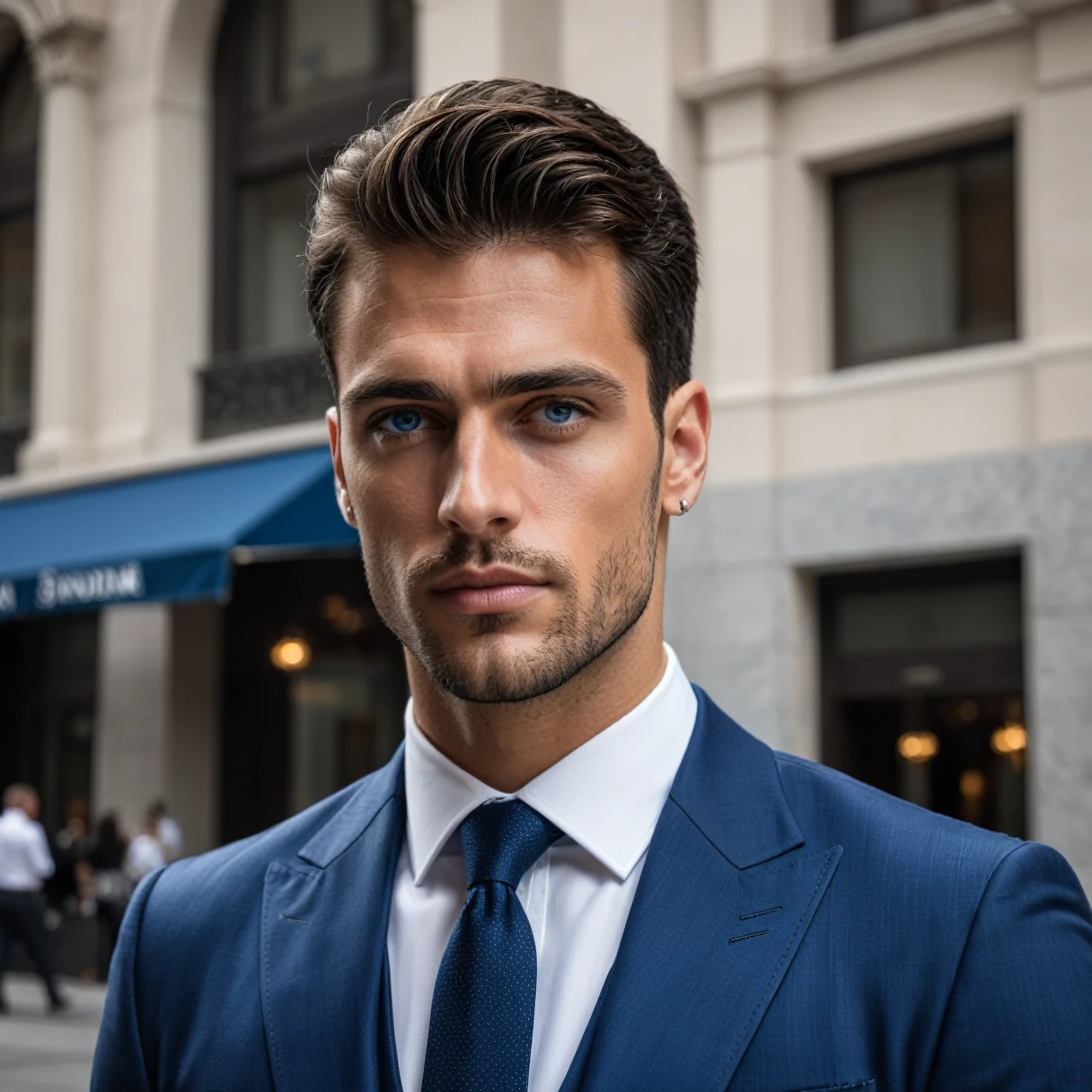 A photorealistic portrait of a 27-year-old Italian man with piercing blue eyes and a towering height of 6'5. He exudes a fit and wealthy aura, dressing in sharp finance attire. The image should be a full body shot captured in 8k HDR with high detail, showcasing the sophistication of his appearance. The man should have a commanding yet approachable expression, illuminated by soft, natural light in an upscale financial district setting.