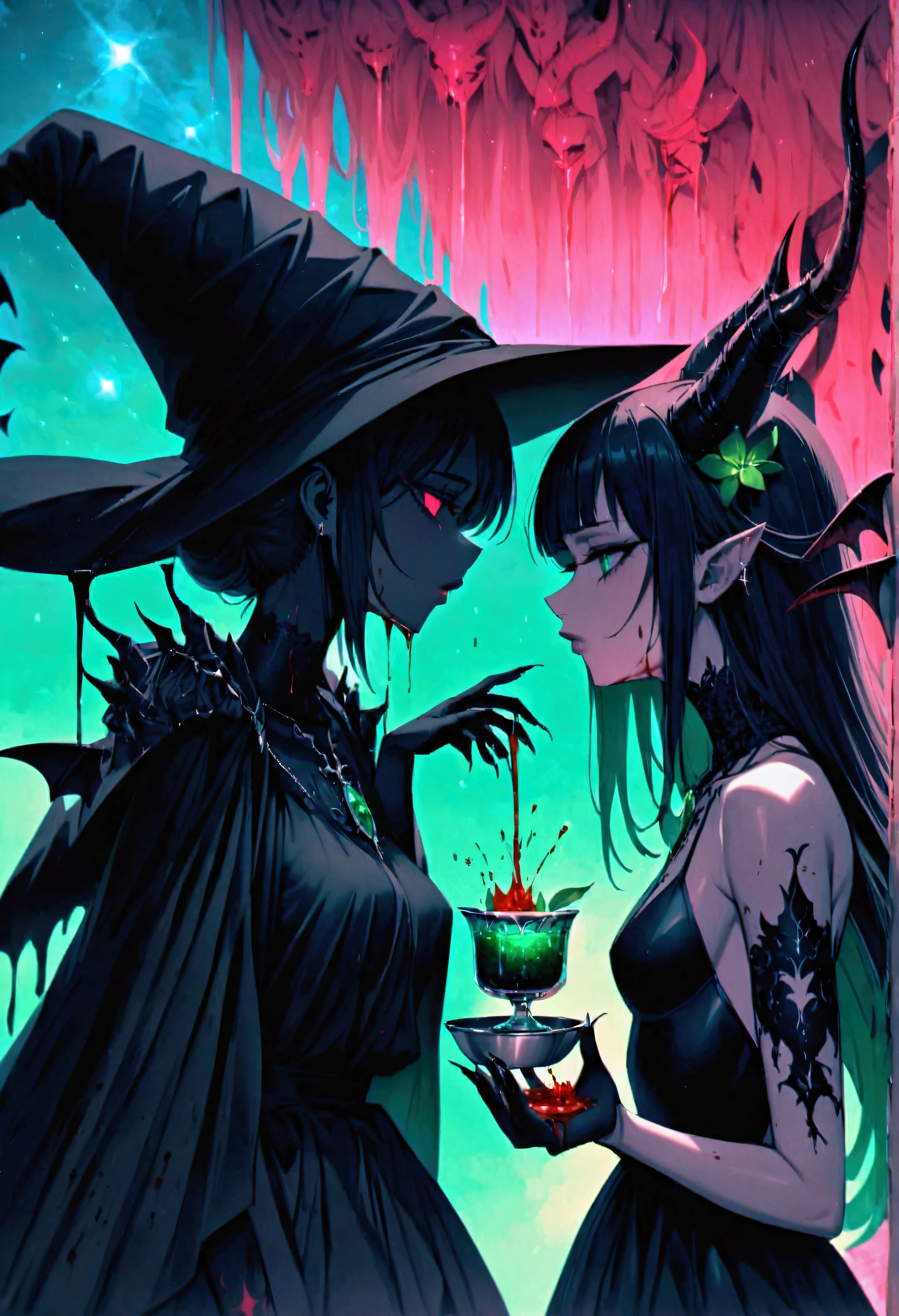 (blood sacrifice:1.5),(far profile:1.1),(emerald cup:1.2),(1 black demon),vomiting blood into the cup,1 beautiful girl and 1 black demon, pact with the devil, witch with demon,