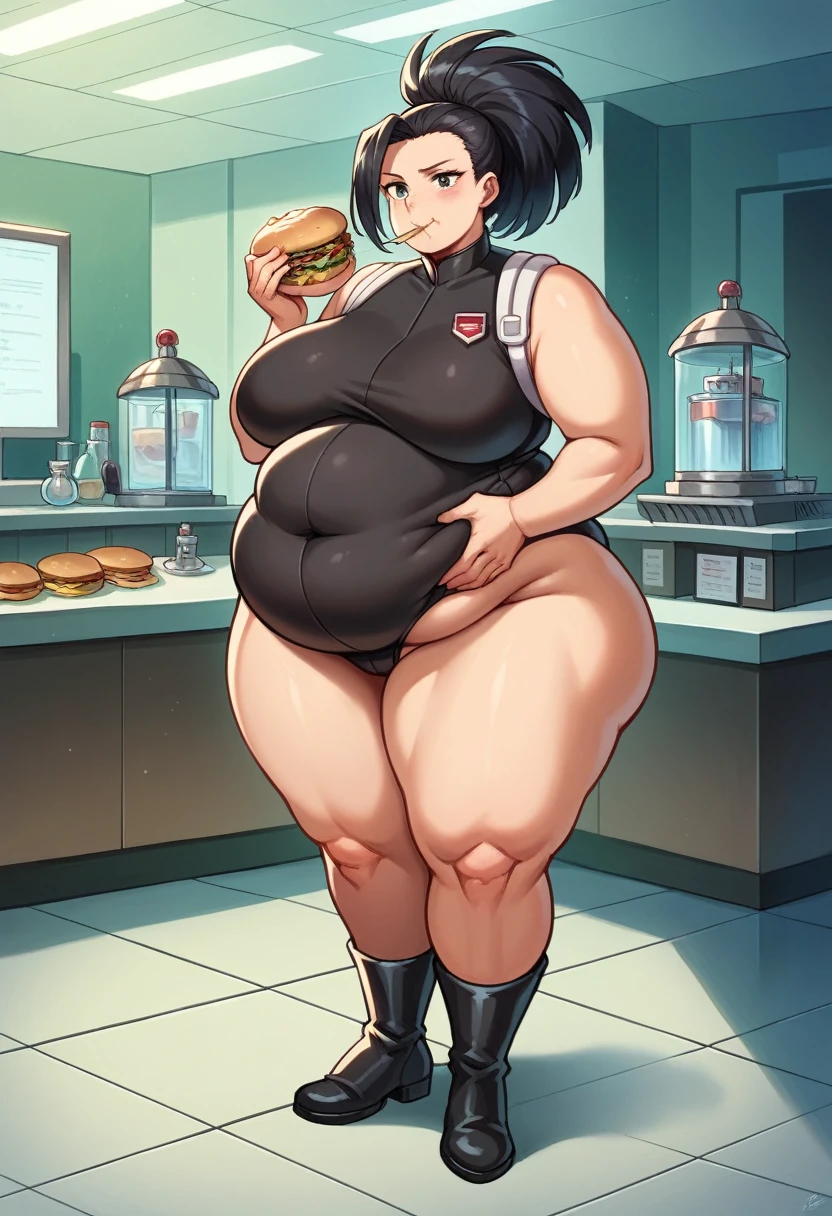 1girl, superhero, Momo Yaoyorozu, long black hair, black leotard, black bare legs, black boots, solo focus, hands on belly, full body shot, mature lady, laboratory, sittings, eating hamburgers, hamburguers,, girl fat, obese body, bigger belly, bigger ass, bigger breast, large thighs, wide hips, sexy, stockings, laboratory, sittings, eating hamburgers, hamburguers, (Masterpiece:1.2), best quality, high resolution, beautifully detailed, extremely detailed, perfect lighting,