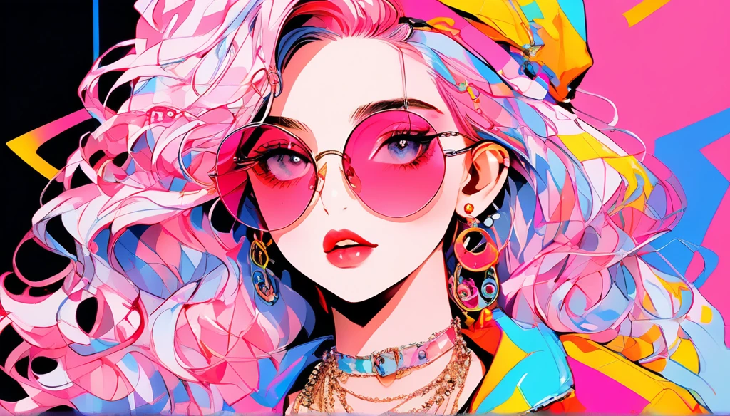 Rainbow Style, One Girl, alone, Long Hair, Big round sunglasses on your head, View your audience, Glowing Eyes Background, jewelry, Mouth closed, Happy, Jacket, Upper Body, Pink Hair, Earrings, Pink Eyes, necklace, From the side, sweater, lips, eyelash, Compensate, Wavy Hair, Earrings, cross, lipstick, ear Earrings, eye shadow, hoop Earrings, pink lips, Variegated eyes, Pink Theme, pink eye shadow, tattoo, Dark Background