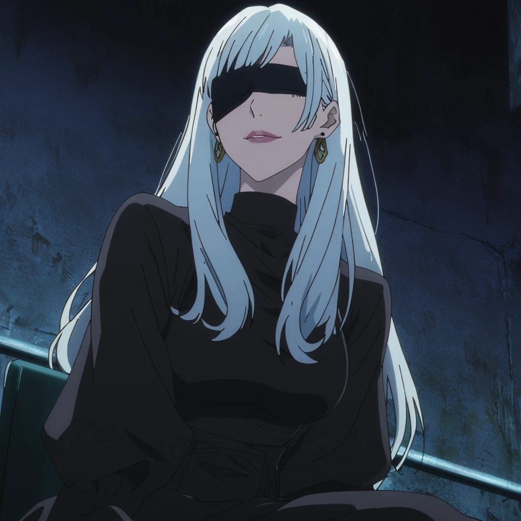 1girl, female gojo satoru, anime screencap from jujutsu kaisen, gojo satoru female version, solo, long_hair, ((wearing black blindfold)) ((high resolution)) ((white_hair)), night view, (hanging breasts) upper_body, smile, lips, (long hair, side bangs) ((wearing black color nun outfit )) breast, "very detailed and high resolution" (black blindfold) ((solo)) (((front view))) (earings) ((high resolution)) ((good quality)) ((silky hair)) ((sitting)) ((full body))