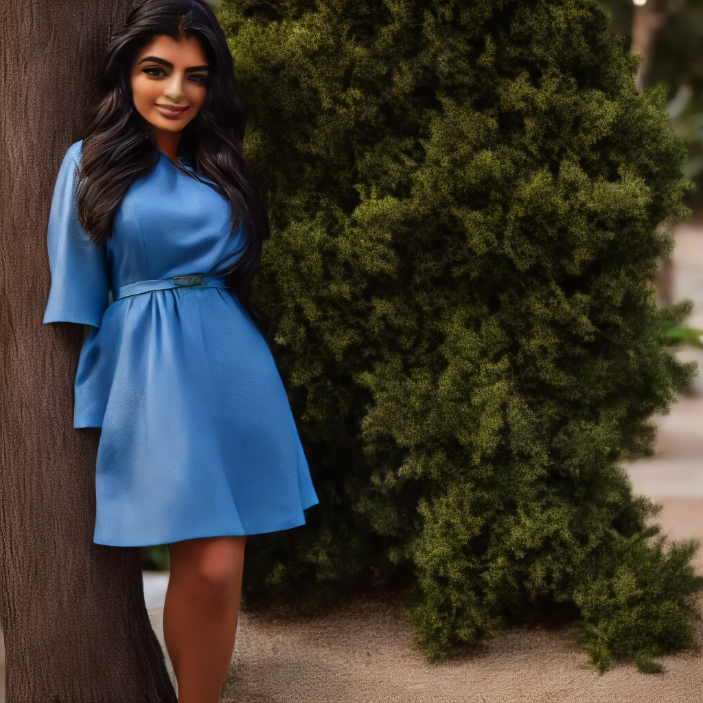 araffe woman in blue dress posing for a picture in front of a tree, tanned ameera al taweel, light blue dress portrait, blue tunic, african ameera al taweel, ameera al taweel, mid shot portrait, wearing a blue dress, blue colored traditional wear, wearing blue dress, in t shirt and half skirt, actress
