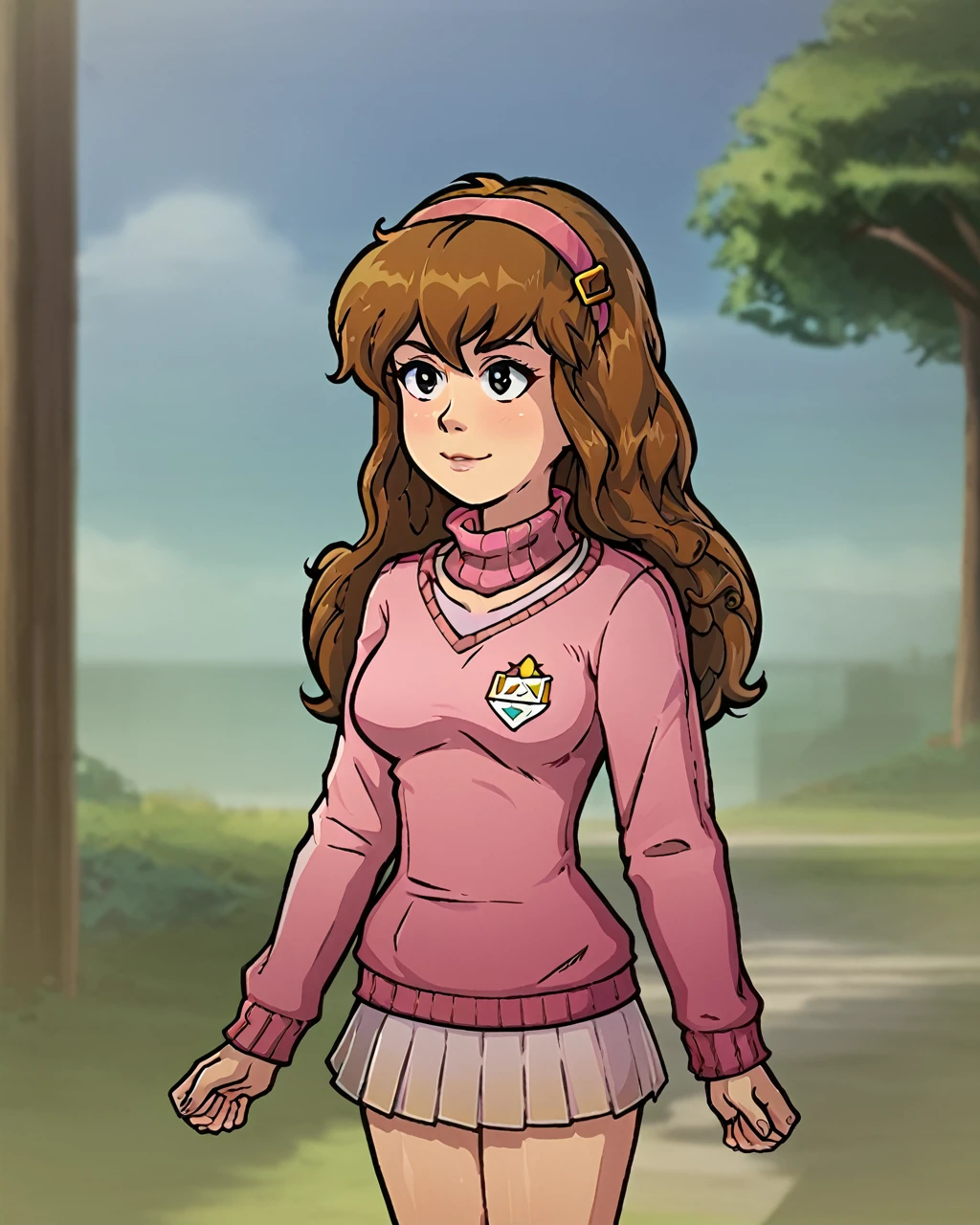 girl, mabel pines, standing, front view, pink sweater, short skirt
