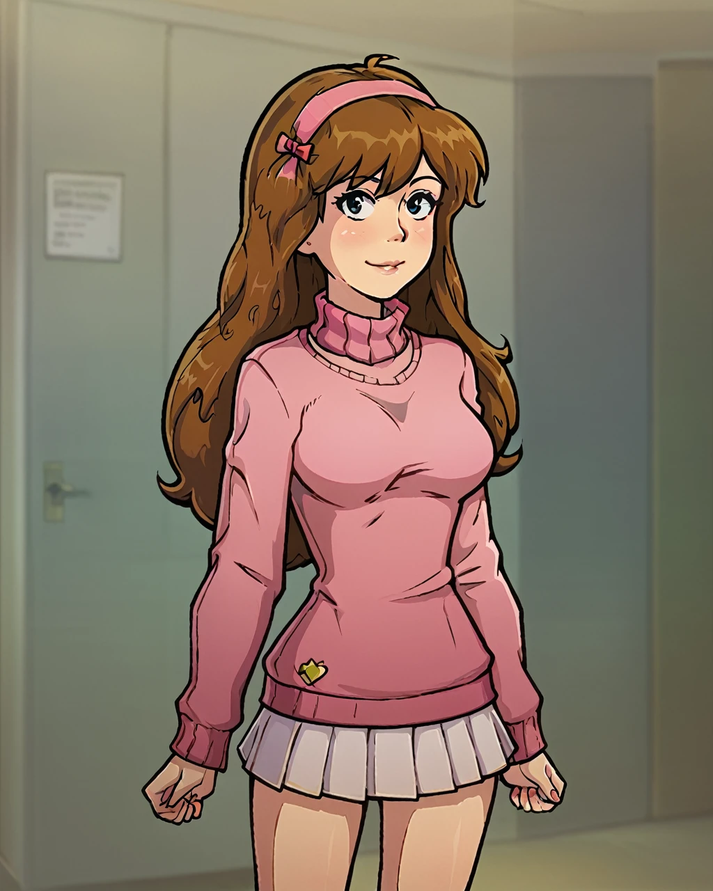 girl, mabel pines, standing, front view, pink sweater, short skirt
