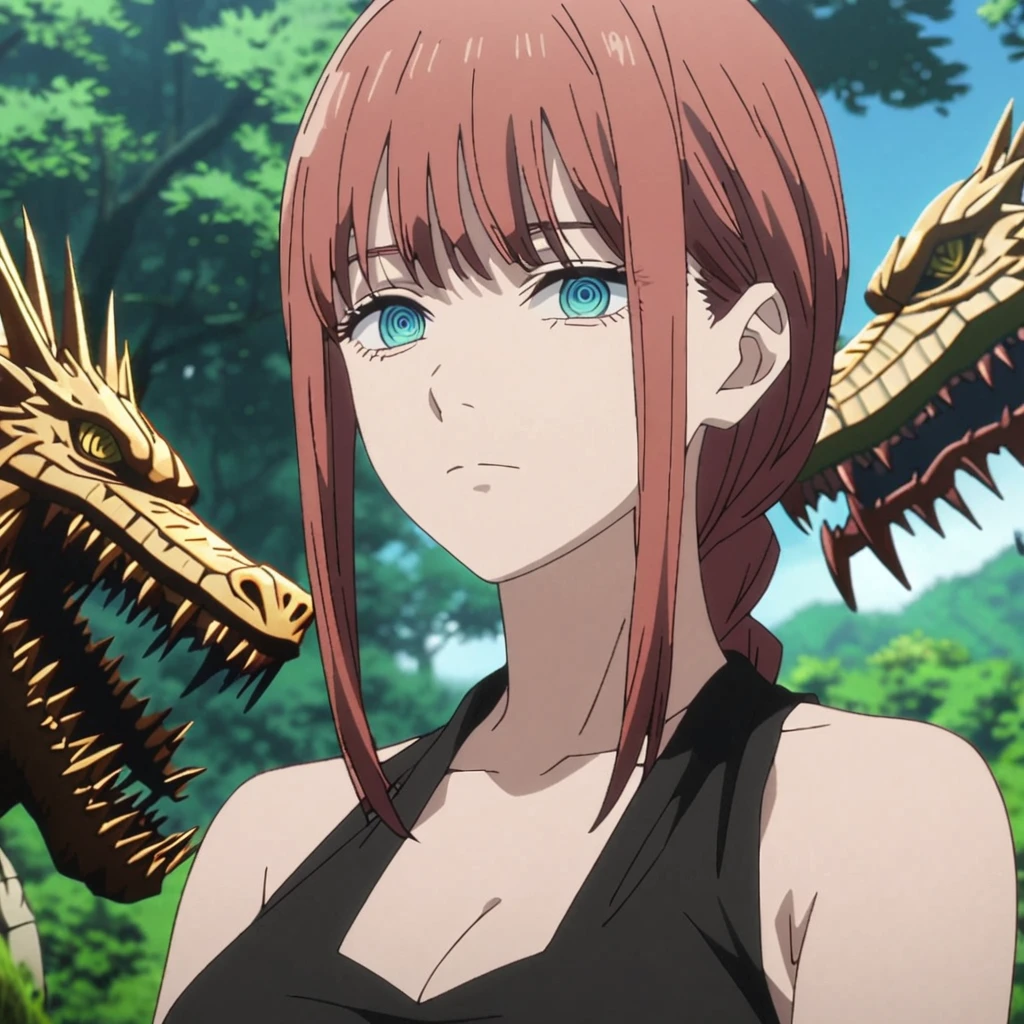 1girl, makima , (makima from Chainsaw man), (anime screen cap), (chainsaw man art style) ((black_hair colour)), breasts, dress, looking_at_viewer, (long_hair, straight hair), dragon, ringed_eyes, black_dress, cleavage, (blue_eyes), bangs, scar, nature, outdoors, tree, solo, upper_body, forest, sleeveless, expressionless, closed_mouth, sleeveless_dress, scar_on_face, bare_shoulders,