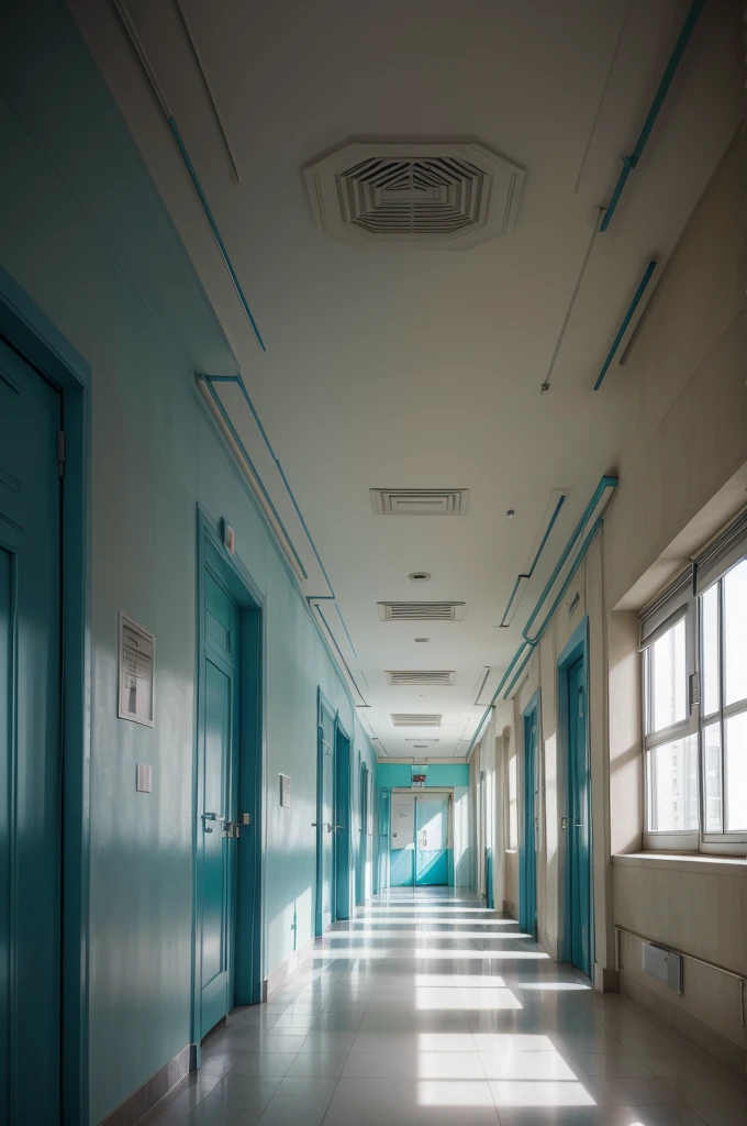 make a long wall of ((hospital corridor)) with colorful geometric designs in shades of blue ((no reliefs))