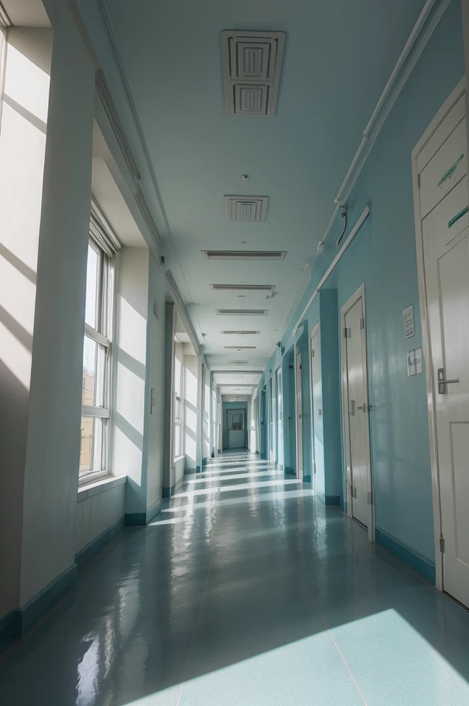 make a long wall of ((hospital corridor)) with colorful geometric designs in shades of blue ((no reliefs))