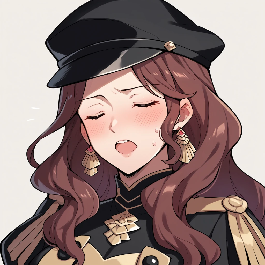 score_9, score_8_up, score_7_up, source_anime, Dorothea (Fire Emblem), bust shot, close-up, black headwear, (black long-sleeve uniform), brown hair, dangle earrings, gold trim, closed eyes, jewelry, large breasts, long hair, black peaked cap, black hat, look down, aroused facial expression, open mouth, blush, sweat