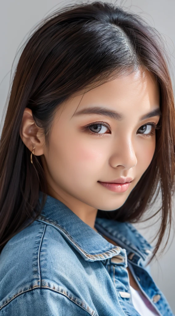 Create a close-up 4K realistic photo of a beautiful Indonesian woman wearing a denim shirt. She should have a warm and inviting expression, capturing the details of her features and the texture of the denim fabric. The background should be softly blurred to keep the focus on her face and attire.