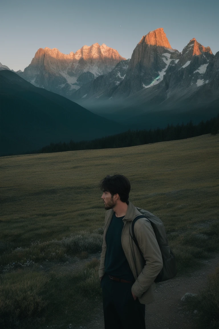 cinematic film, Realistic photograph,
A man stands in awe, gazing at the majestic mountains that tower above Aether Valley. Their peaks, shrouded in mist, seem to touch the heavens. The man is dressed in simple, earth-toned clothing, blending with the natural surroundings. His expression is one of profound respect and wonder, as if he's witnessing a sacred moment. The early morning light casts long shadows, highlighting the rugged texture of the mountains and the man's thoughtful silhouette. The air is fresh and cool, carrying the scent of pine and earth.
,shallow depth of field, vignette, highly detailed, high budget, bokeh, cinemascope, moody, epic, gorgeous, film grain, grainy,