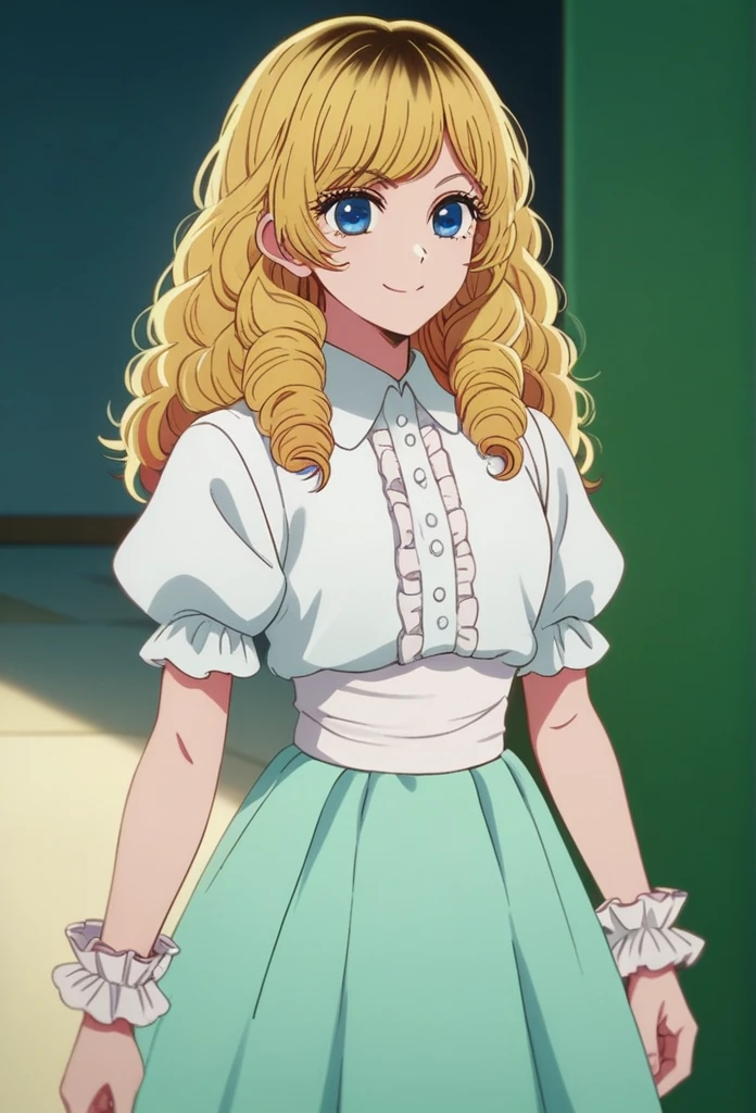 oshi_no_ko_style,blonde curls,sidecurls,fluffy fringe bangs,blue eyes,long eyelashes,cowboyshot,standing,,soft smile,long hair,masterpiece,highres,absurdres,(white puffy short sleeves),collared blouse,solo,frilled cuffs,,teen,(baby blue pinafore dress),frilled wristgloves,frilled sweatheart neckline,white sash around the waist,peter pan collar,side curls,princess curls,puffy skirt ended in a frilled white hemline