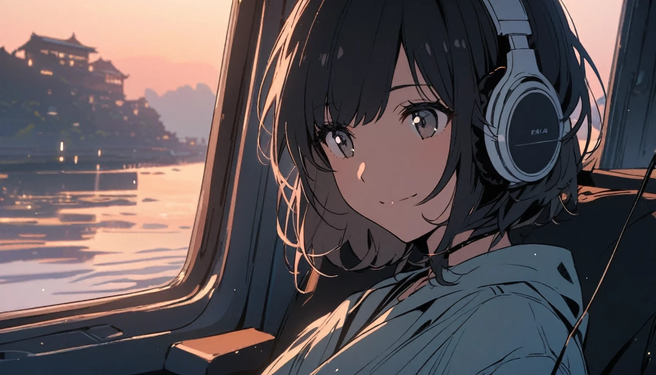 black short hair girl wearing headphones,Traveling,One girl,relax,The background is dusk, gentle smile on her face