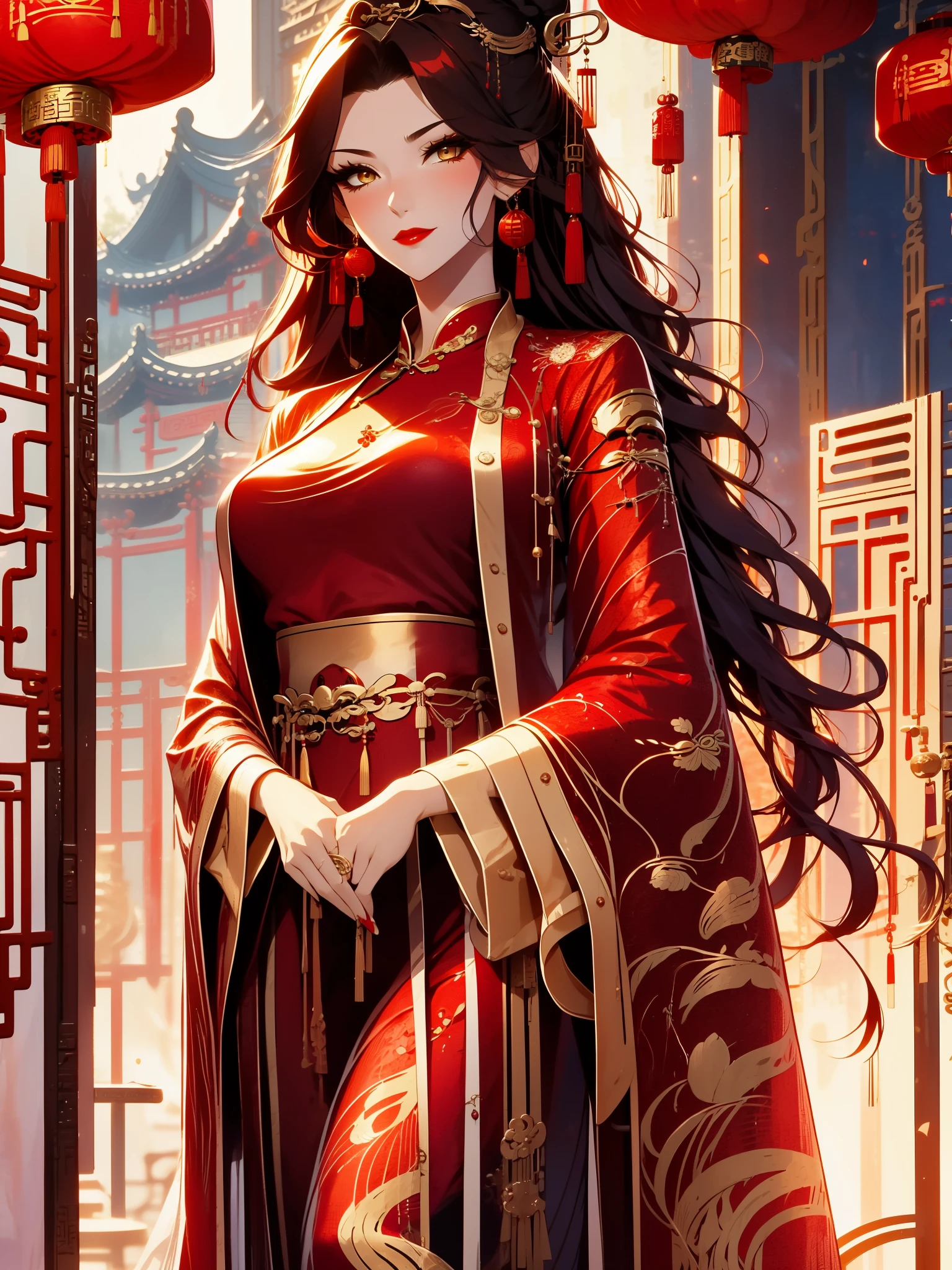 score_9, score_8_up, score_7_up, score_6_up, score_5_up, score_4_up, Xian Mei, golden eyes, red curly hair, tied hair, hair in a bun, hairpin, traditional Chinese red wedding hanfu dress, Yourqipao Red Embroidery Chinese Xiuhe Hanfu Women's Satin Cheongsam Ancient Traditional Chinese Bride , Wedding Dress, Long Dresses, long earrings, red lipstick, detailed eyes, traditional wear, sexy attractive, hot, traditional, smiling, happy, blush, red veil,