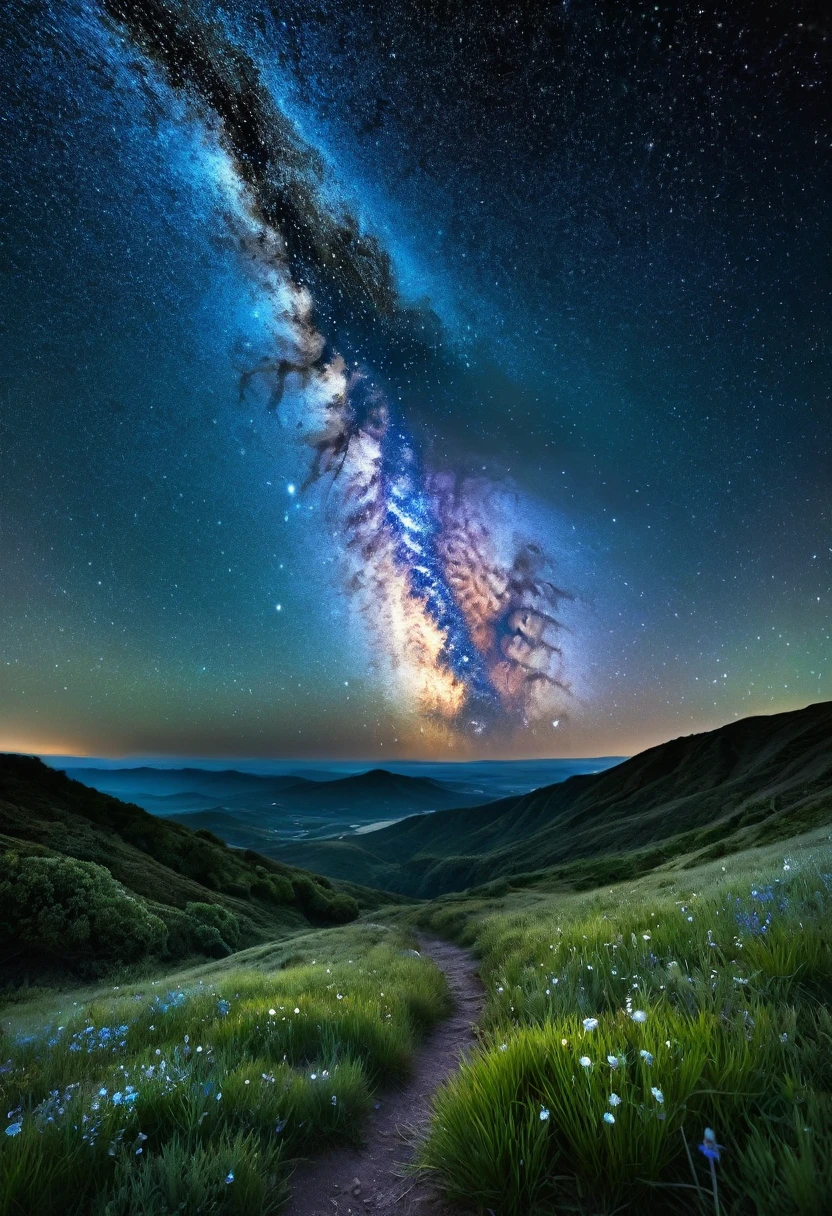 Create an image that embodies “Le Phénomène” (The Phenomenon). Imagine a vast, starry sky stretching endlessly overhead, with galaxies swirling and constellations forming intricate patterns. Picture a lone observer standing on a hill, gazing up in awe at the cosmic spectacle above. Include elements such as shooting stars streaking across the darkness, the Milky Way spanning across the horizon, and the faint glow of distant nebulae. Add details like the crisp air of a clear night, the faint hum of crickets in the grass, and the sensation of wonder and insignificance that comes with contemplating the universe. Capture the essence of “Le Phénomène,” illustrating how it evokes awe, mystery, and a deep sense of connection to the cosmos.