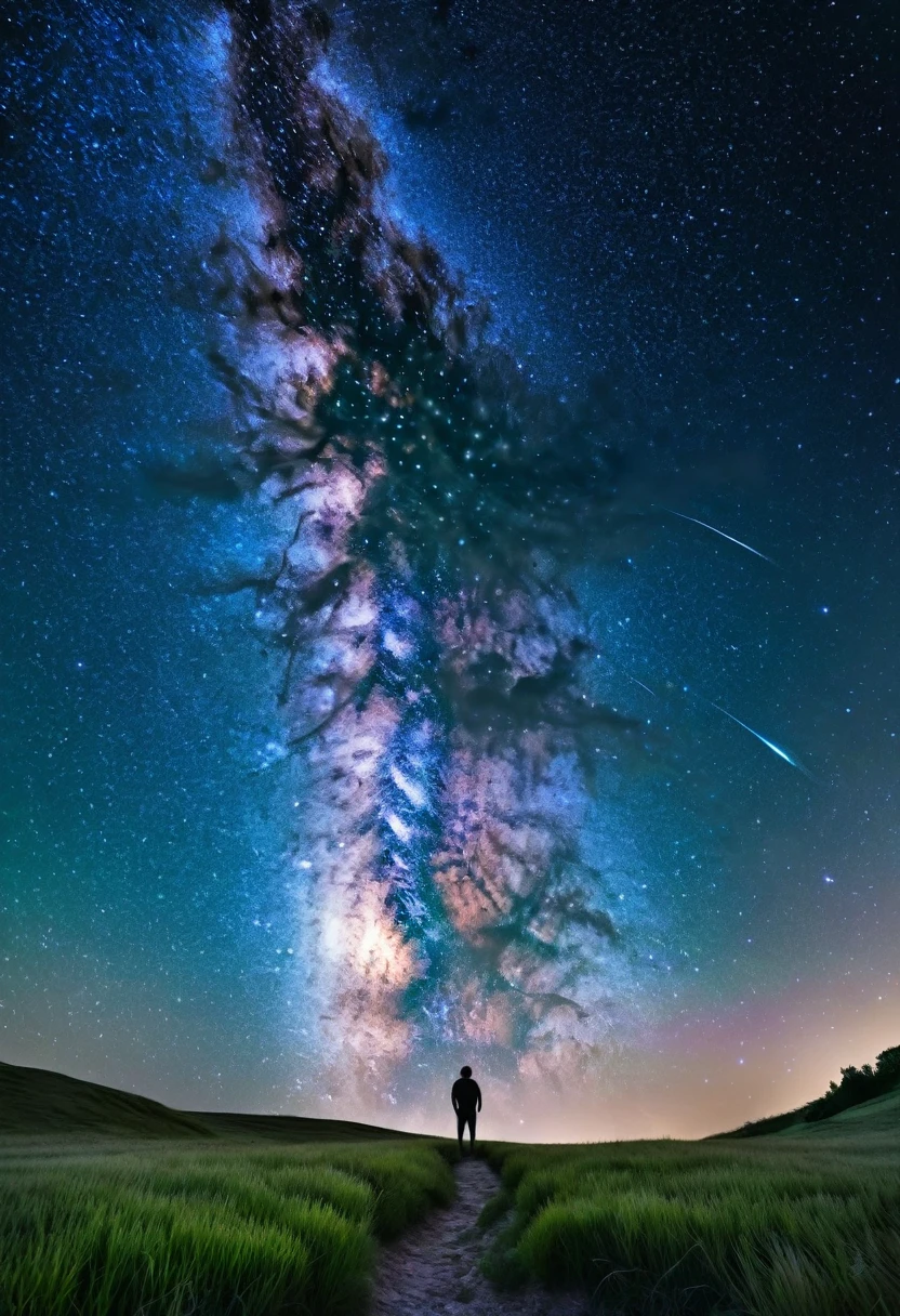 Create an image that embodies “Le Phénomène” (The Phenomenon). Imagine a vast, starry sky stretching endlessly overhead, with galaxies swirling and constellations forming intricate patterns. Picture a lone observer standing on a hill, gazing up in awe at the cosmic spectacle above. Include elements such as shooting stars streaking across the darkness, the Milky Way spanning across the horizon, and the faint glow of distant nebulae. Add details like the crisp air of a clear night, the faint hum of crickets in the grass, and the sensation of wonder and insignificance that comes with contemplating the universe. Capture the essence of “Le Phénomène,” illustrating how it evokes awe, mystery, and a deep sense of connection to the cosmos.
