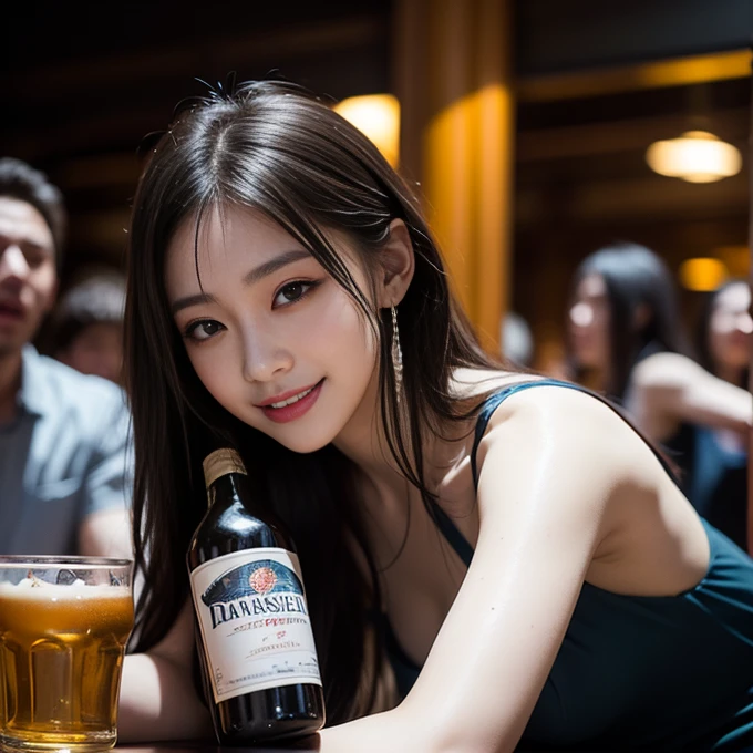 A girl gets drunk and passes out、Half dressed girl、Crazy party scene、Empty bottles、Smoky room、Disheveled Hair、My makeup has smudged、Fallen、Lost consciousness、Wine Bottle、Dirty floor、Party Shards、Confetti、Beer cans、nightclub lights、Dancing crowd、Blurred vision、Blurred Scenery、Wild Night Out、Alcohol-induced haze、Dazzling lights and sounds、Loud music、An atmosphere of madness、Party goers celebrating、Bright colors、excessive drinking、Laughter from partygoers、Glassy Eyes、Disorientation、A precarious balance、Unbridled Dance、Reckless behavior、Euphoria、joy、excited、Indulgence、drunkenness、chaos、waste、Incoherent conversation、Mischievous Smile、Severe headache、nausea、regret、Tomorrow's Chaos、debauch、Excessive Indulgence、Adventure Night、An unforgettable experience、Vague memories、sleepless、Waking up with a hangover、(highest quality、4K、8k、High Resolution、masterpiece: 1.2)、Super detailed、(Real、Photorealistic、Photorealistic: 1.37)、Bright colors、bokeh、Wild Night Unfolding、Disorientation reality、natural breasts