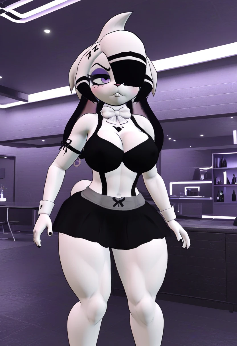 (best quality, masterpiece1.2), Goth bonfie, 3d, 3d render, white rabbit, multicolored hair, black hair, white hair, one eye covered, thick thighs, anthro, strip club, breasts, maid outfit, skirt, pissed, angry, pouting, (white fur, white body:1.3), 1girl, solo, anthro, white fur, score_8_up, score_7_up, score_9, 