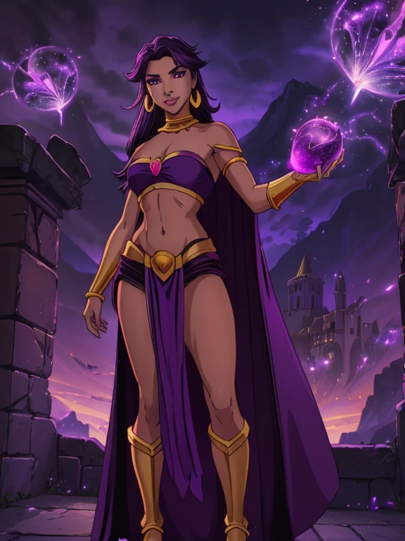 Fantasy style, Fantasy environment, A beautiful young sorceress (1 girl), dark-skinned female, with long purple flowing hair, purple eyes, purple iris, mascaras purple eyeshadow, smile, purple lipstick, medium breasts, ((Wearing: golden ringed earrings, purple cape, purple strapless top, purple loincloth, pelvic curtain, golden armlets, golden boots)), looking mature and alluring at 28 years old, (detailed eyes, detailed lips, extremely detailed face), both hands glowing bright purple, purple magic, bright purple sparks in both hands, intricate detailed portrait, photo realistic, 8k, highly detailed, cinematic lighting, warm color palette, castle ruins background, detailed foliage, golden hour lighting, dramatic lighting, dramatic pose, sensual, alluring, captivating gaze, masterpiece, (Night time, ethereal and magical atmosphere, outdoors, dark clouds in the sky, purple lighting, purple and magenta aroura's in the surroundings, gorgeous view of the mountains)
