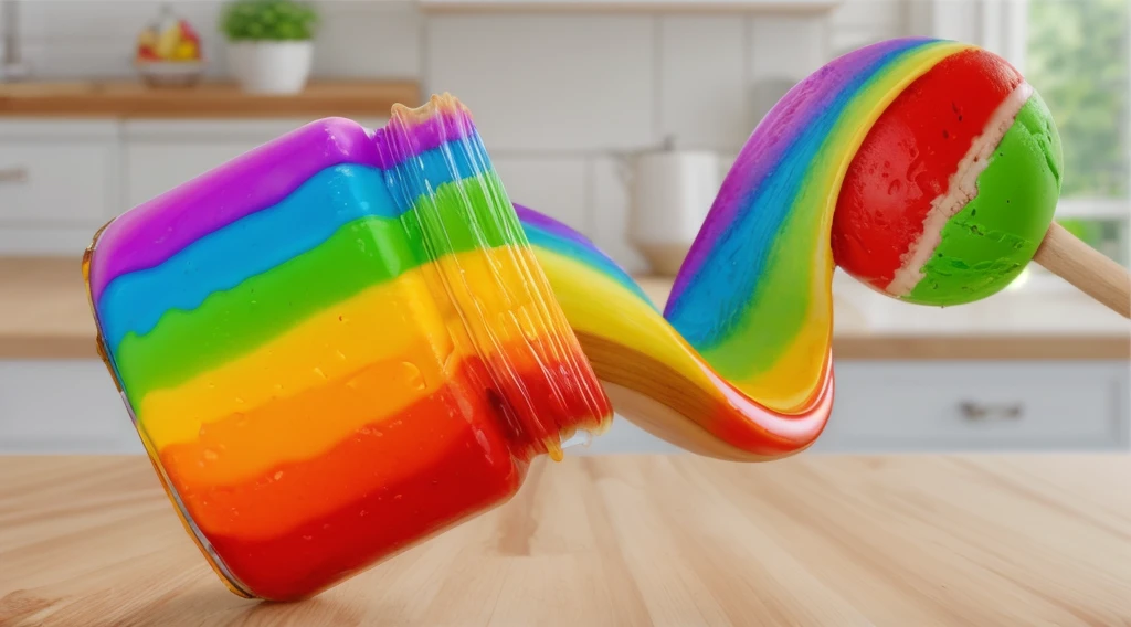 on a wooden table, rainbow peanut butter jar, ice cream dipped in rainbow peanut butter, rainbow peanut butter stretch. against the background of the kitchen .beautiful lighting, Beautiful sunlight, bright lighting, Realistic style , realistic texture, detailed texture, a high resolution, high quality, ultra hd 4k, macro photo