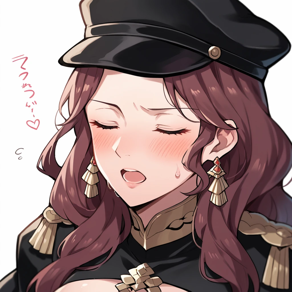 score_9, score_8_up, score_7_up, source_anime, Dorothea (Fire Emblem), bust shot, close-up, black headwear, (black long-sleeve uniform), brown hair, dangle earrings, gold trim, closed eyes, jewelry, large breasts, long hair, black peaked cap, black hat, look down, aroused facial expression, open mouth, blush, sweat