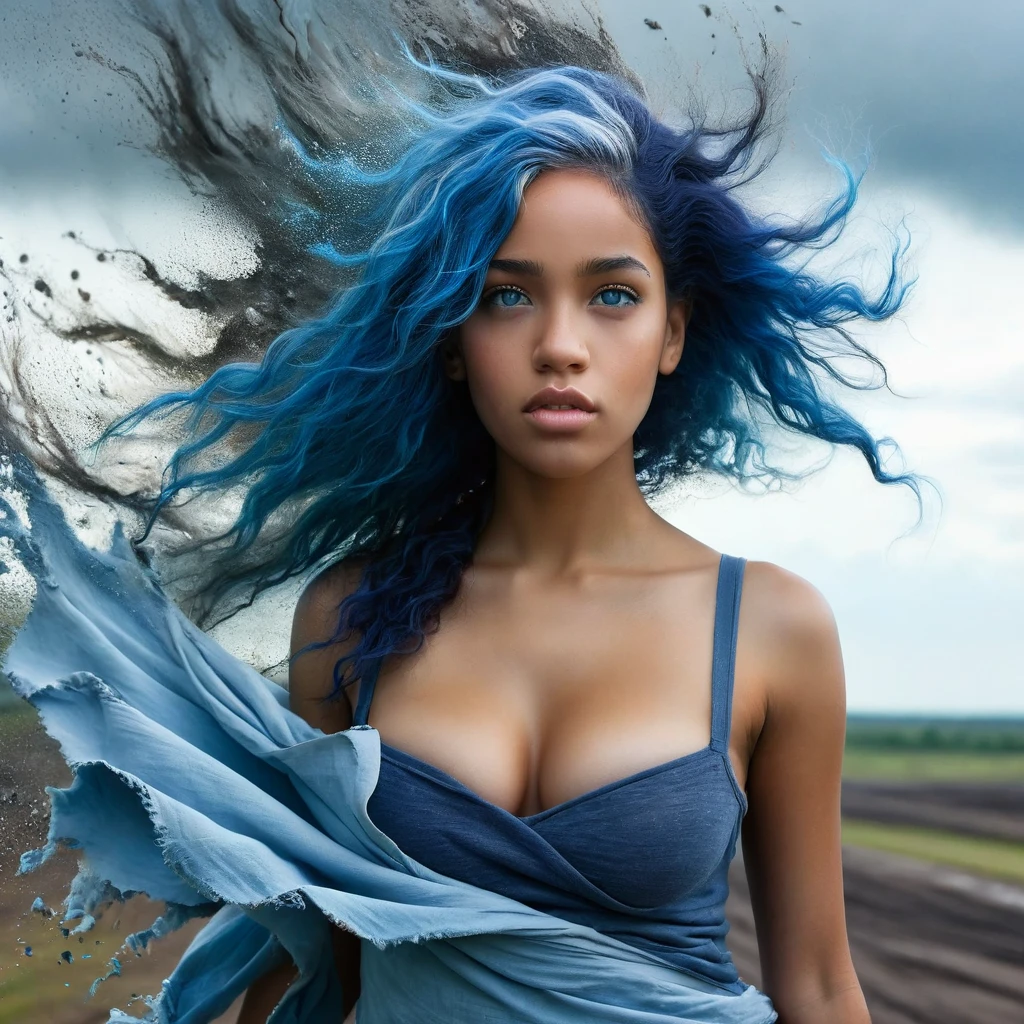 1 fille, beautiful biracial woman, blue hair, blue eyes, huge fog background, Torn clothes, large breast, extremely detailed full body