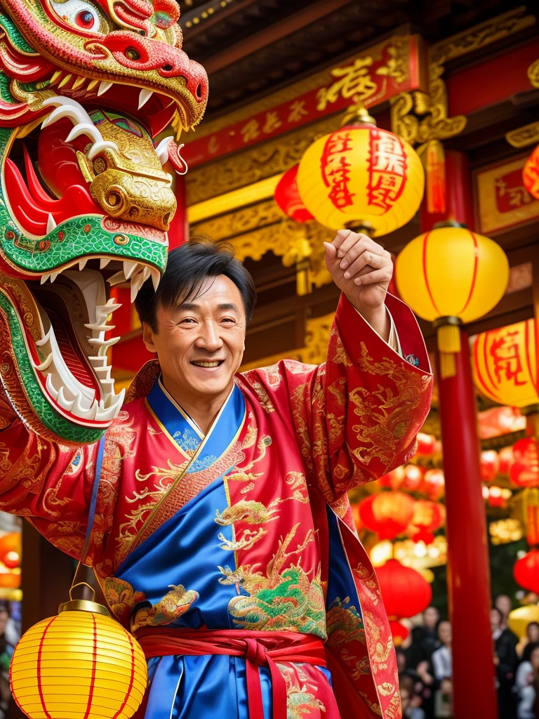 Masterpiece Photography Ultra Realistic Description: Jackie Chan, the renowned martial artist and actor, captivates in this hyper-realistic 4K photograph. He defies expectations by wearing a vibrant, traditional Chinese dragon costume, standing in the midst of a colorful lantern festival. The unexpected fusion of cultural attire and festive ambiance creates a visually enchanting composition. With his signature smile and playful demeanor, he exudes a sense of joy and exuberance. The hyper-realistic portrayal captures the intricate details of the dragon costume and the lively atmosphere of the lantern festival, evoking a sense of cultural celebration and lively energy.