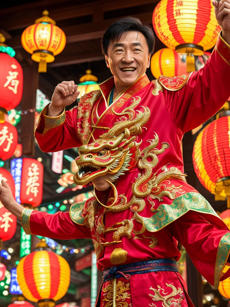 Masterpiece Photography Ultra Realistic Description: Jackie Chan, the renowned martial artist and actor, captivates in this hyper-realistic 4K photograph. He defies expectations by wearing a vibrant, traditional Chinese dragon costume, standing in the midst of a colorful lantern festival. The unexpected fusion of cultural attire and festive ambiance creates a visually enchanting composition. With his signature smile and playful demeanor, he exudes a sense of joy and exuberance. The hyper-realistic portrayal captures the intricate details of the dragon costume and the lively atmosphere of the lantern festival, evoking a sense of cultural celebration and lively energy.