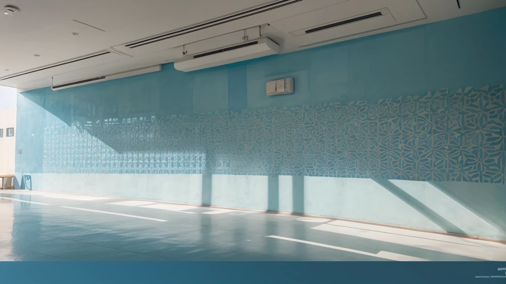 make a long hospital wall with colorful geometric designs in shades of blue ((no reliefs))