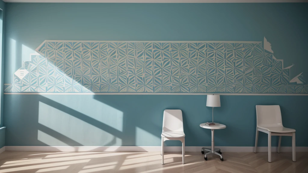 make a long hospital wall with colorful geometric designs in shades of blue ((no reliefs))