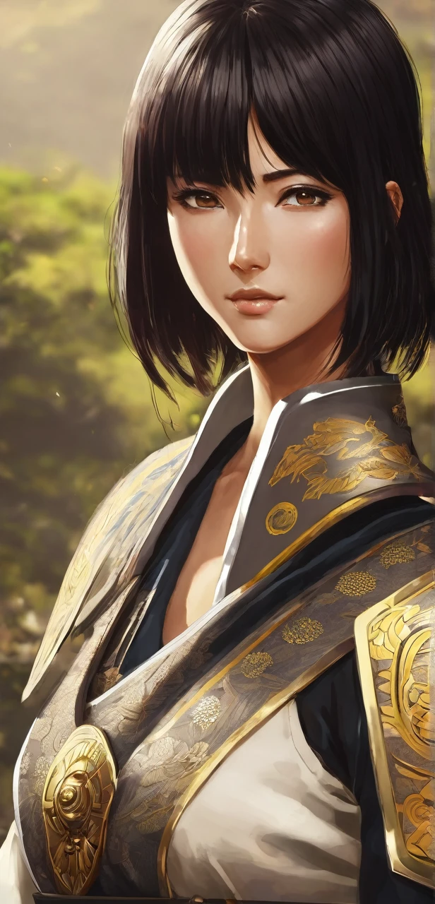 Hayase a female warrior with black short hair and brown eyes picture very beautiful 