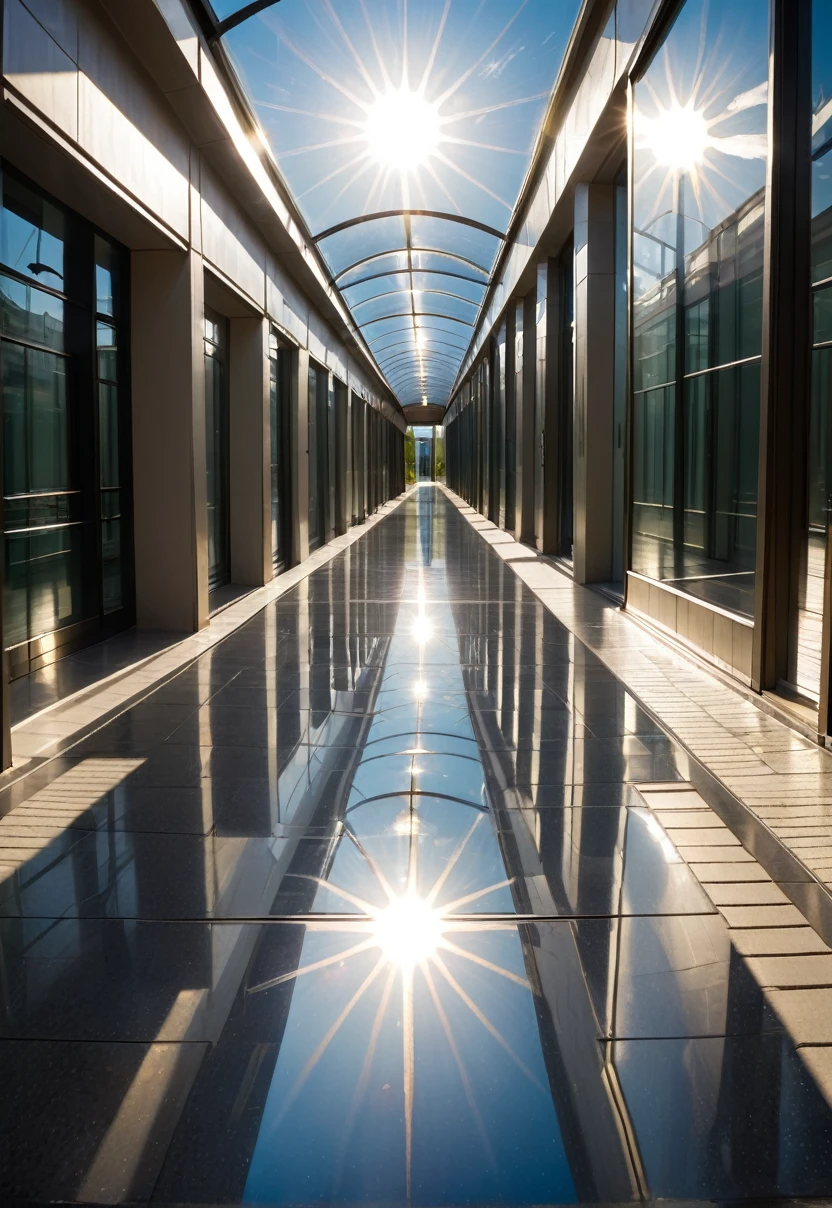Wide angle, sSolar city, corridor with reflected sun 
