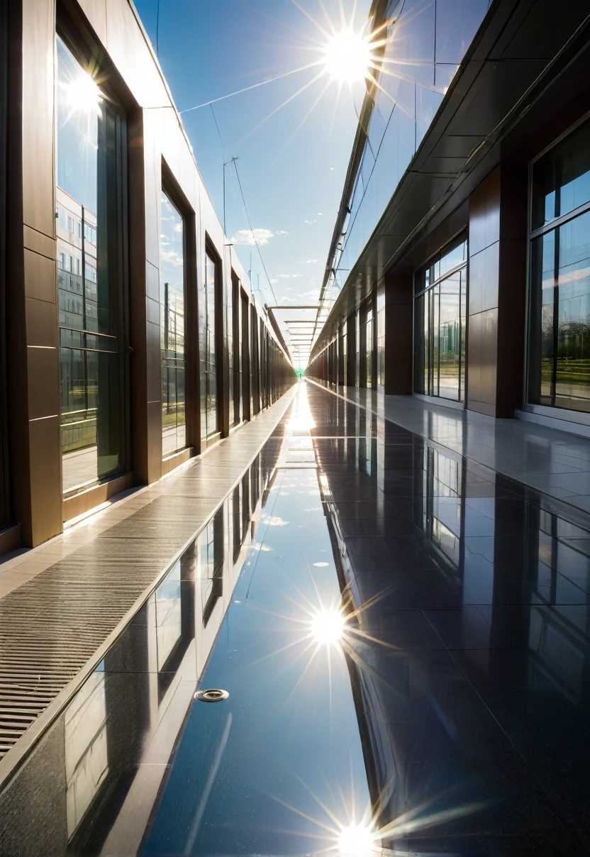 Wide angle, sSolar city, corridor with reflected sun