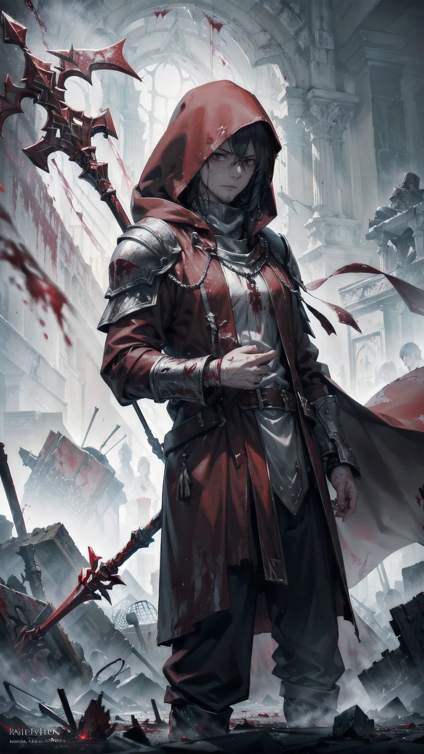 ((blood droplets)), ((blood)), ((blood splatter)), ((blood on clothes)) ((blood stain)), Masterpiece, Superior image quality, high resolution, 4k image, An adult man, tall, Delgado, hooded, face hidden by the hood, crimson tunic, Wields a long staff with encrusted campaigns