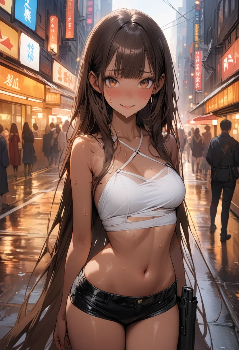 ((masterpiece,Highest quality:1.3,best quality illustration)),realistic,cowboy shot,独奏,1woman,(25 year old beauty),dark brown hair,long hair,bangs,brown eyes,(gorgeous big eyes),((very small head:1.3)),shy,smile,((very long body:1.2,skinny)),(tan skin),medium breasts,White Bikini、navel、Black leather micro shorts、Leg Holster、Pistol,sweat,gleaming skin,slender body,standing,on street,neon、New York City、