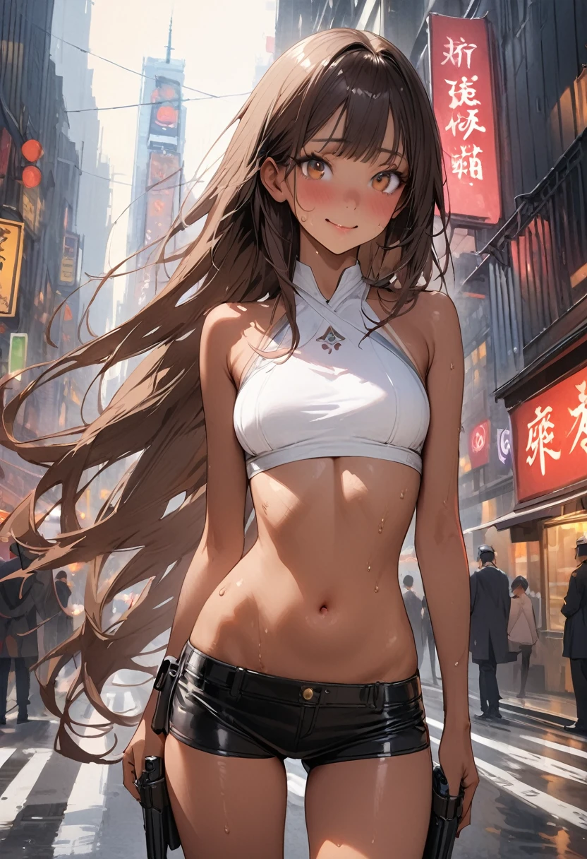 ((masterpiece,Highest quality:1.3,best quality illustration)),realistic,cowboy shot,独奏,1woman,(25 year old beauty),dark brown hair,long hair,bangs,brown eyes,(gorgeous big eyes),((very small head:1.3)),shy,smile,((very long body:1.2,skinny)),(tan skin),medium breasts,White Bikini、navel、Black leather micro shorts、Leg Holster、Pistol,sweat,gleaming skin,slender body,standing,on street,neon、New York City、