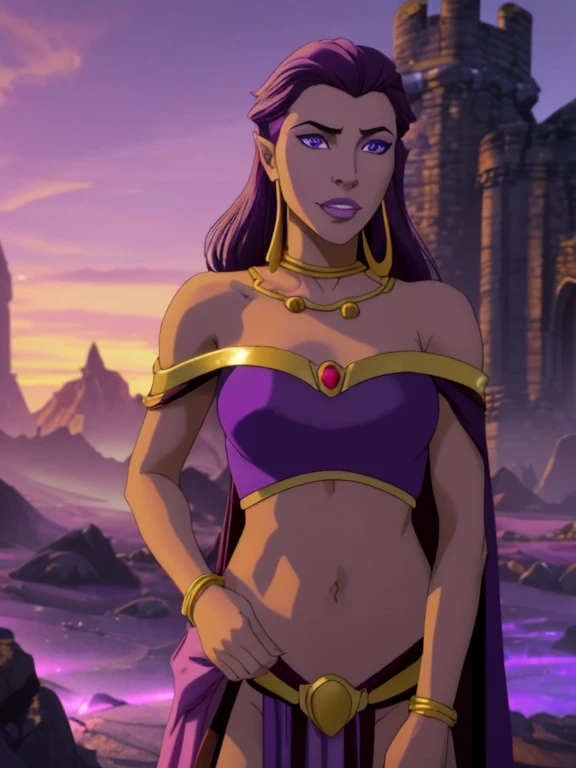 Fantasy style, Fantasy environment, A beautiful young sorceress (1 girl), dark-skinned female, with long purple flowing hair, purple eyes, purple iris, mascaras purple eyeshadow, smile, purple lipstick, medium breasts, ((Wearing: golden ringed earrings, purple cape, purple strapless top, purple loincloth, pelvic curtain, golden armlets, golden boots)), looking mature and alluring at 28 years old, (detailed eyes, detailed lips, extremely detailed face), both hands glowing bright purple, purple magic, bright purple sparks in both hands, intricate detailed portrait, photo realistic, 8k, highly detailed, cinematic lighting, warm color palette, castle ruins background, detailed foliage, golden hour lighting, dramatic lighting, dramatic pose, sensual, alluring, captivating gaze, masterpiece, (Night time, ethereal and magical atmosphere, outdoors, dark clouds in the sky, purple lighting, purple and magenta aroura's in the surroundings, gorgeous view of the mountains)
