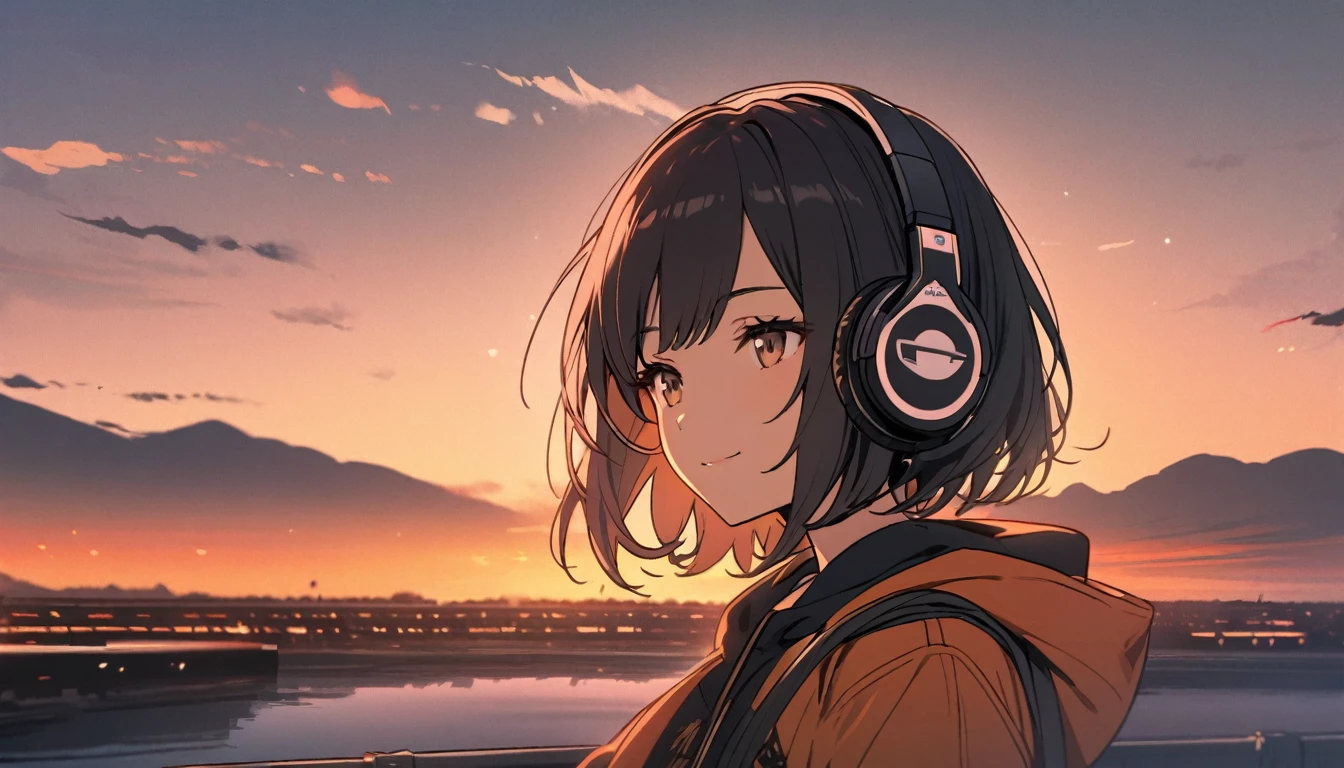 black short hair girl wearing headphones,Traveling,One girl,relax,The background is dusk, gentle smile on her face